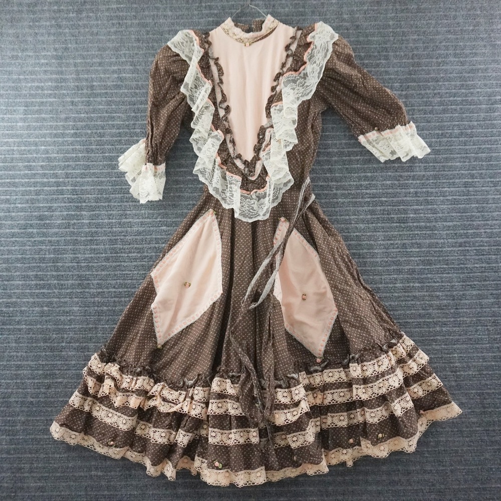 Vintage Midcentury Prairie Dress Women Small Brown Floral Lace Ruffle Trim